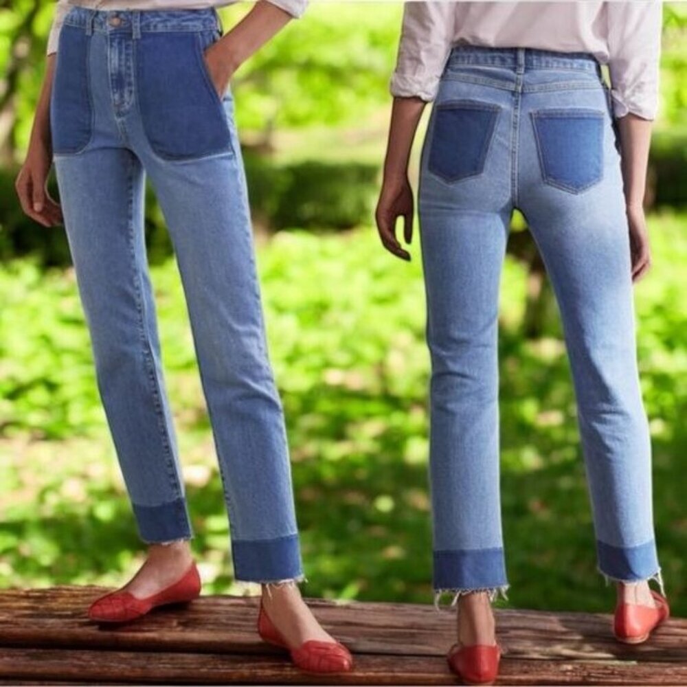 Boden Colorblock Raw Hem Straight Crop Jeans Artsy Picnic Summer Comfort 6L